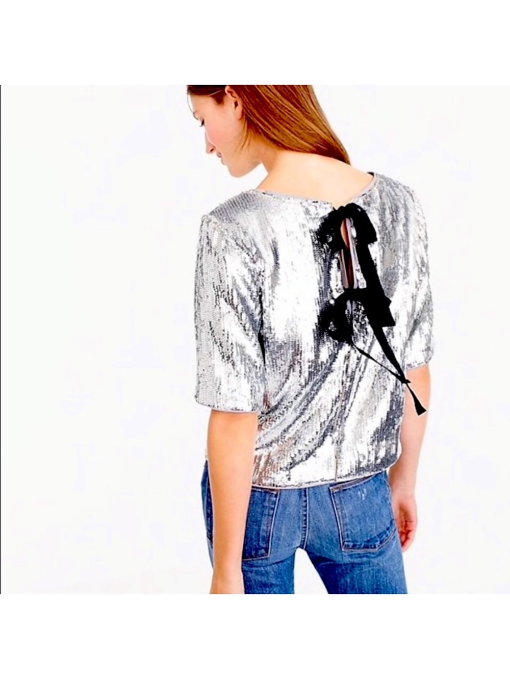 J. Crew Silver Sequin Short Sleeve Metallic Blouse new size 14